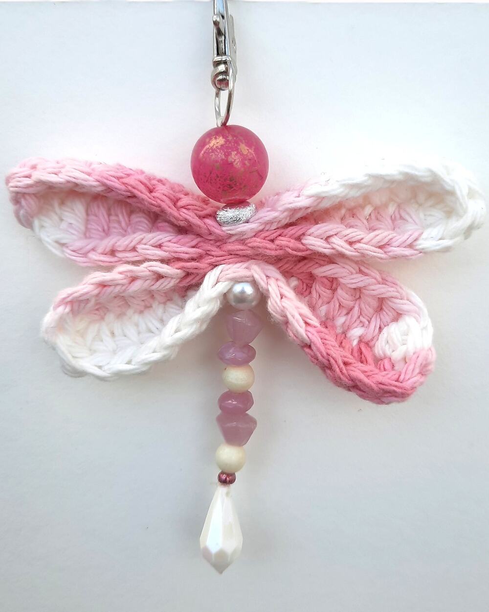 Handmade Dragonfly Beaded Bag Charm Crochet Wings Upcycled Pink White Keychain